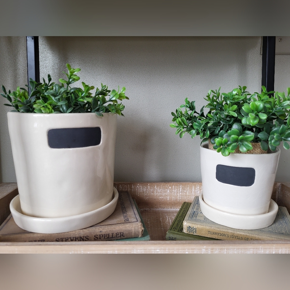 Pottery Barn Cream Ceramic Planters with Chalk Label
